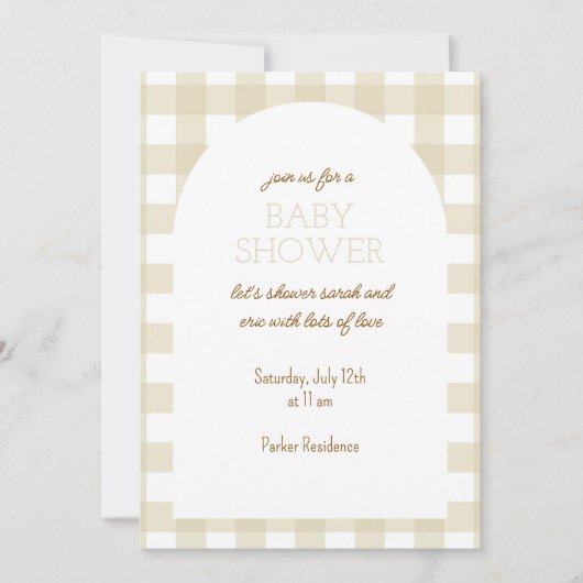 Eenvoudige Beige Gingham Baby shower Uitnodiging (Voorkant)
