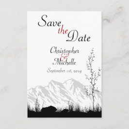 Eenvoudige bergscène zwart, wit en rood bruiloft save the date