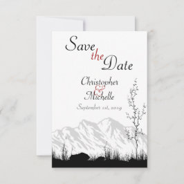 Eenvoudige bergscène zwart, wit en rood bruiloft save the date