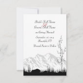 Eenvoudige bergscène zwart-wit-rode bruiloft save the date (Achterkant)