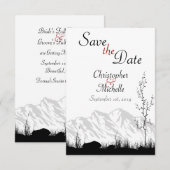 Eenvoudige bergscène zwart-wit-rode bruiloft save the date (Voorkant / Achterkant)