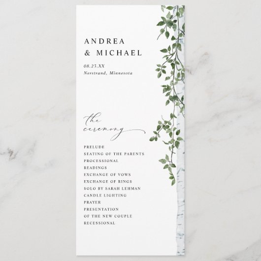 Eenvoudige berkenboom groen loof bruiloft programmakaart (Voorkant)
