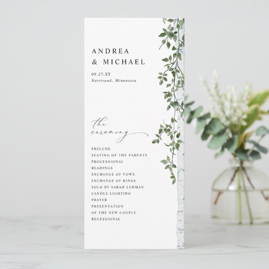 Eenvoudige berkenboom groen loof bruiloft programmakaart (Staand voorkant)