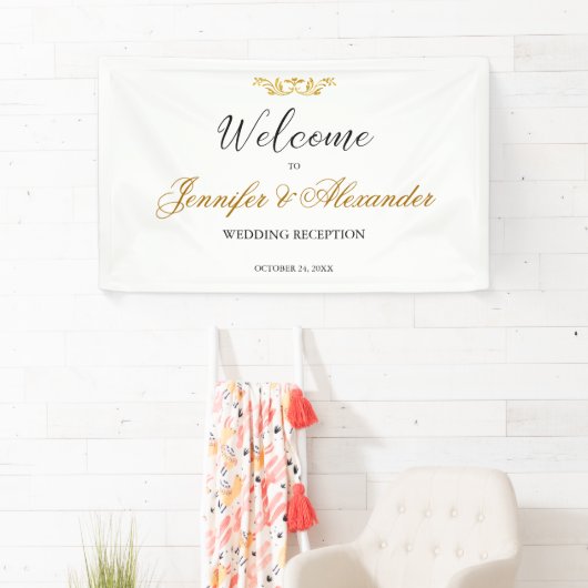 Eenvoudige bewerkbare witte gouden welkomstbruilof spandoek (Insitu)