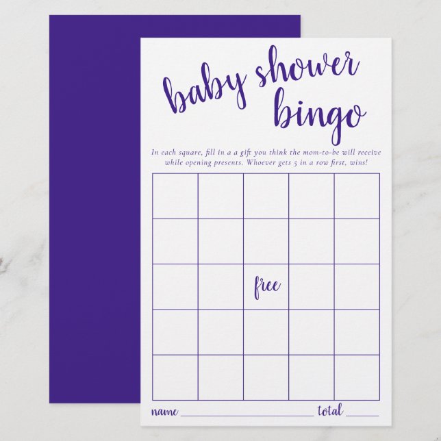 Eenvoudige Bingo Kaart | Paarse Baby shower spel (Voorkant / Achterkant)