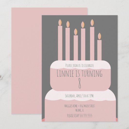 Eenvoudige Birthday-Cake met partijkaarsen roze Kaart (Voorkant / Achterkant)