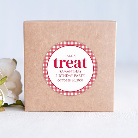 Eenvoudige Birthday Treat Favor Modern Red Gingham Ronde Sticker
