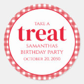 Eenvoudige Birthday Treat Favor Modern Red Gingham Ronde Sticker (Voorkant)