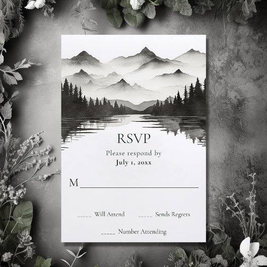 Eenvoudige Black and White Mountain Lake bruiloft RSVP Kaartje