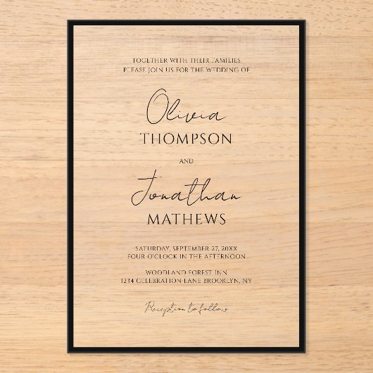 Eenvoudige Black Border White Script bruiloft Acryl Uitnodigingen (Voorkant)