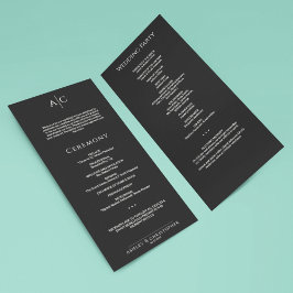 Eenvoudige Black Noir Monogram huwelijksceremonie Programmakaart