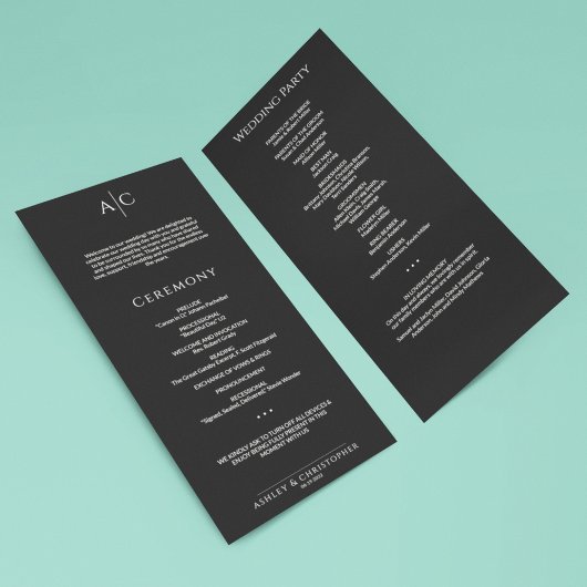 Eenvoudige Black Noir Monogram huwelijksceremonie Programmakaart