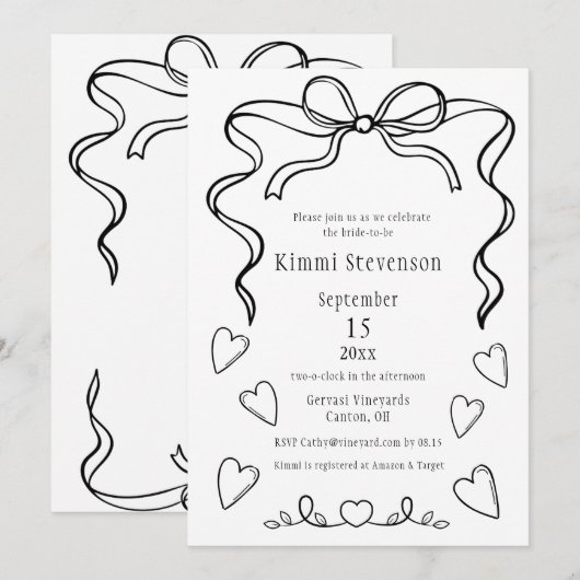Eenvoudige Black Ribbon Heart Bruids Douche Uitnod Kaart (Voorkant / Achterkant)