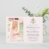 Eenvoudige Bladeren Met Kruis Heilige Communie Fot Kaart (Staand voorkant)