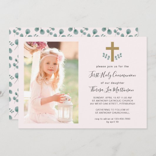 Eenvoudige Bladeren Met Kruis Heilige Communie Fot Kaart (Voorkant / Achterkant)