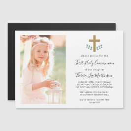 Eenvoudige Bladeren Met Kruis Heilige Communie Fot Magnetische Uitnodiging