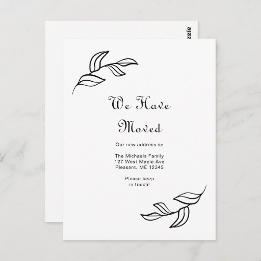 Eenvoudige Bladeren Zwart-Wit We Zijn Verplaatst Briefkaart (Voorkant / Achterkant)