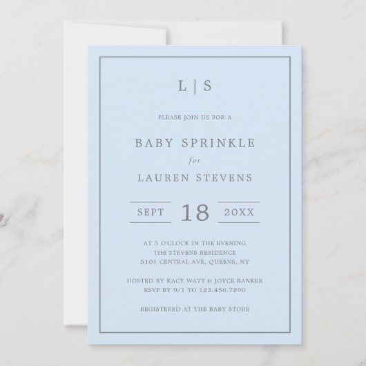 Eenvoudige blauw- en grijze Baby-monogram Kaart (Voorkant)