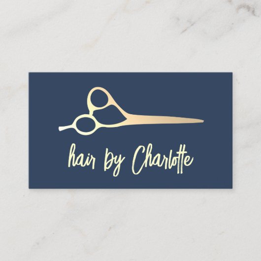 Eenvoudige blauw Faux Gold Scissors Hair Stylist Visitekaartje (Voorkant)