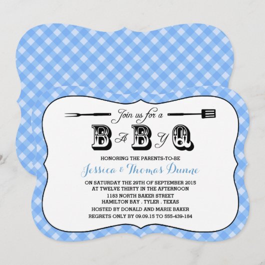 Eenvoudige blauw Gingham BBQ Baby Shower-uitnodigi Kaart (Voorkant / Achterkant)
