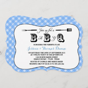 Eenvoudige blauw Gingham BBQ Baby Shower-uitnodigi Kaart