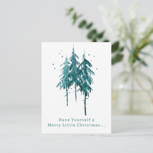 Eenvoudige blauw-groene Waterverf Pine Trees Kerst Feestdagenkaart (Staand voorkant)