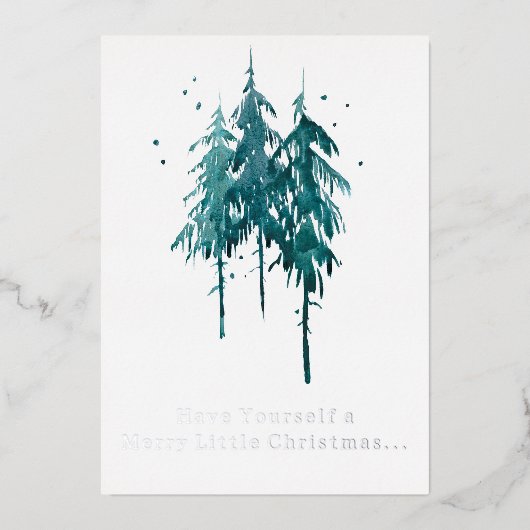 Eenvoudige blauw-groene Waterverf Pine Trees Kerst Folie Feestdagenkaart (Voorkant)
