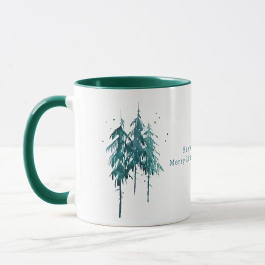 Eenvoudige blauw-groene Waterverf Pine Trees Kerst Mok (Links)