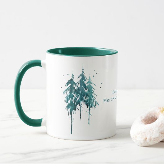 Eenvoudige blauw-groene Waterverf Pine Trees Kerst Mok (Met donut)