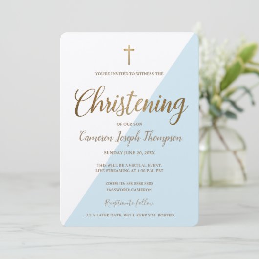 Eenvoudige Blauw Wit Goud Kruis Virtuele doop Kaart (Staand voorkant)