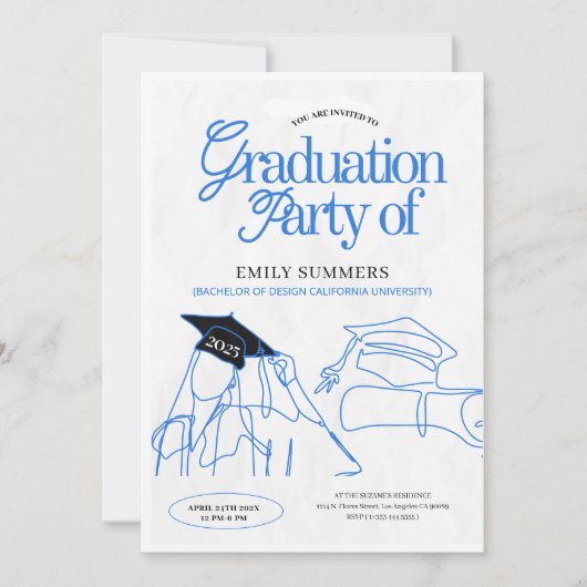 Eenvoudige Blauw Zwart Afstuderen Hand Illustratie Kaart (Voorkant)
