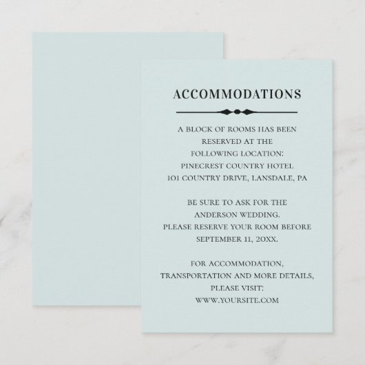 Eenvoudige blauwe accommodaties. Formele huwelijks Informatiekaartje (Voorkant / Achterkant)