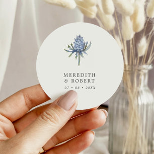 Eenvoudige Blauwe Aquarel Distel Bruiloft Ronde Sticker