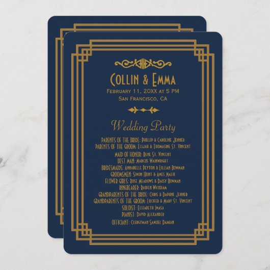 Eenvoudige Blauwe Art Deco Trouwprogramma's Programmakaart (Voorkant / Achterkant)