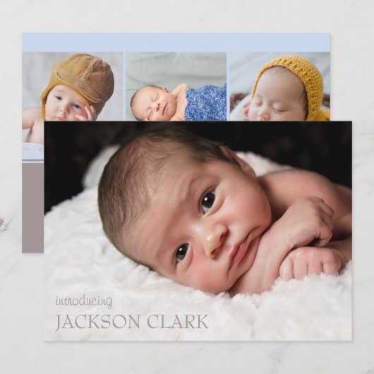 Eenvoudige blauwe babyjongen Fotocollage geboorte Aankondiging (Voorkant / Achterkant)