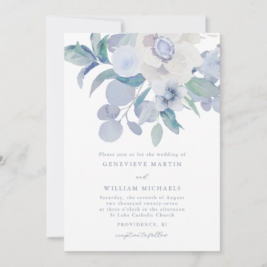 Eenvoudige Blauwe Bloemen Boeket Huwelijksuitnodig Aankondiging (Voorkant)