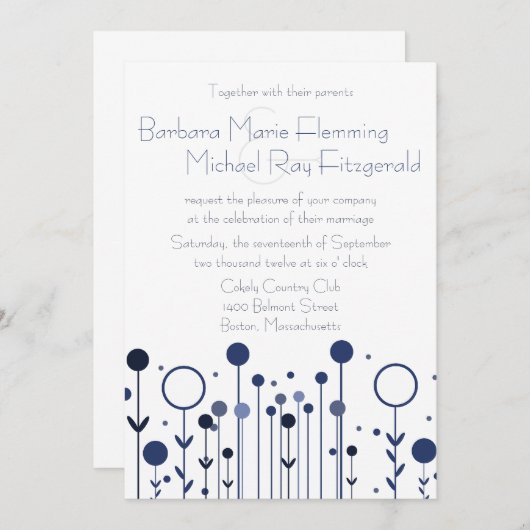 Eenvoudige Blauwe Bloemen Dot Moderne Huwelijk Kaart (Voorkant / Achterkant)