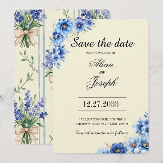 Eenvoudige Blauwe Bloemen Save the Date (Voorkant / Achterkant)