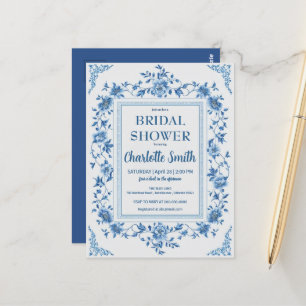 Eenvoudige blauwe chinoiserie bloem bruidsdouche briefkaart