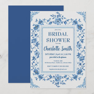 Eenvoudige blauwe chinoiserie bloem bruidsdouche save the date