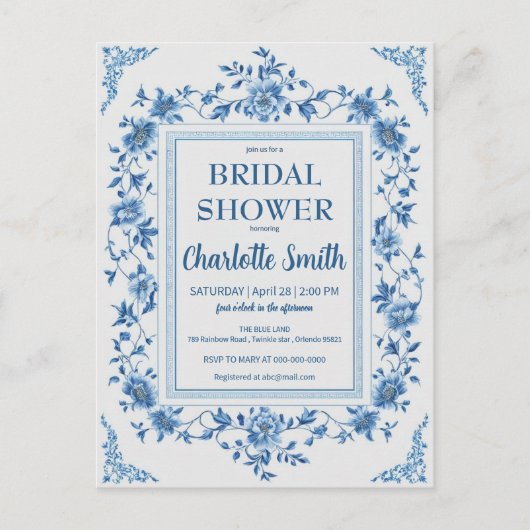 Eenvoudige blauwe chinoiserie bloemrijke bruidsdou briefkaart (Voorkant)