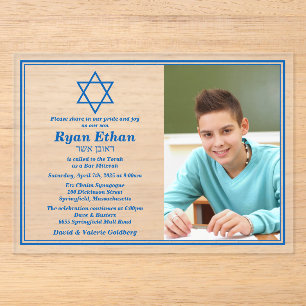 Eenvoudige blauwe Davidster foto Bar Mitzvah Acryl Uitnodigingen