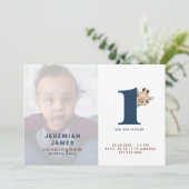 Eenvoudige blauwe en bruine foto 1e verjaardag kaart (Staand voorkant)