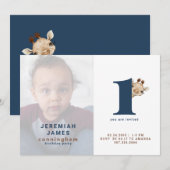 Eenvoudige blauwe en bruine foto 1e verjaardag kaart (Voorkant / Achterkant)