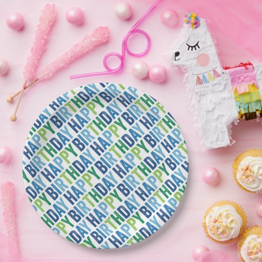 Eenvoudige blauwe en groene Typografie Happy Birth Papieren Bordje (Feest)