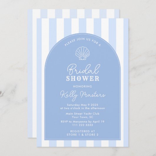 Eenvoudige Blauwe En Witte Schelp Kust Bruidsdouch Kaart (Voorkant / Achterkant)