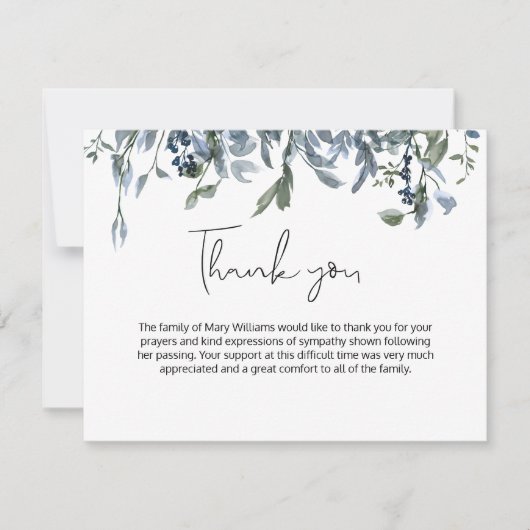 Eenvoudige Blauwe Floral Greenery Funeral Dank u Bedankkaart (Voorkant)