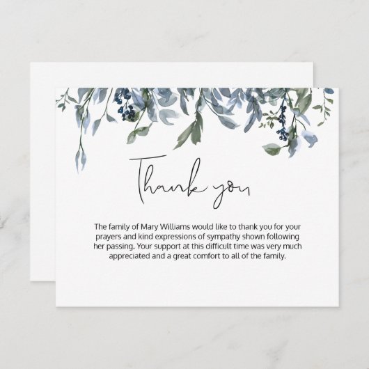 Eenvoudige Blauwe Floral Greenery Funeral Dank u Bedankkaart (Voorkant / Achterkant)