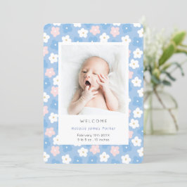Eenvoudige blauwe Floral Waterverf Cute Birth Aankondiging