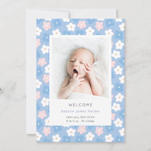 Eenvoudige blauwe Floral Waterverf Cute Birth Aankondiging (Voorkant)
